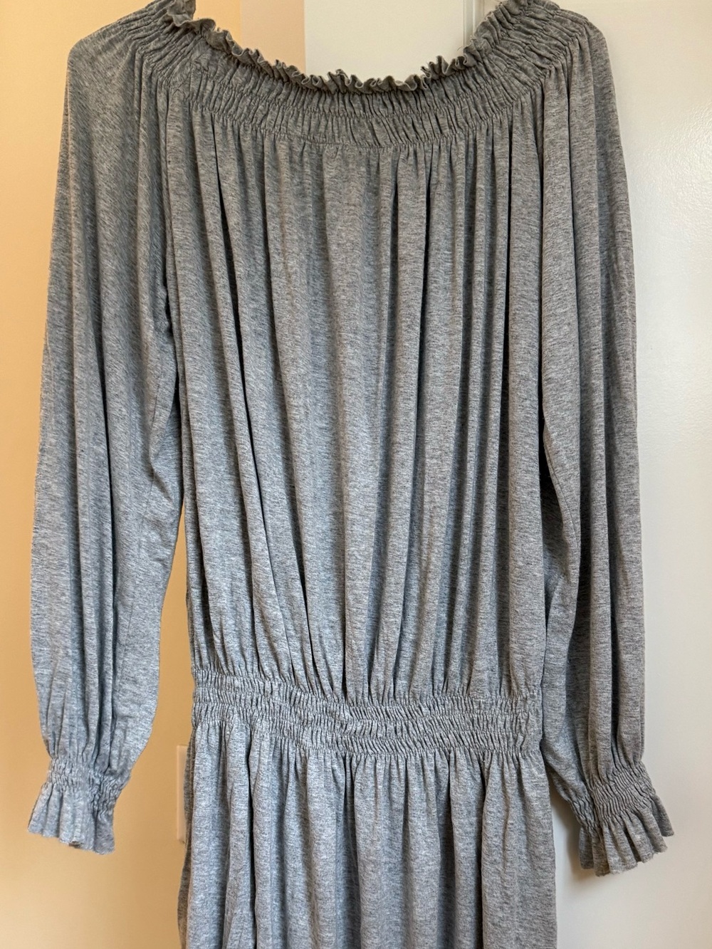 Norma Kamali Gray Smocked Off-Shoulder Mini Dress Size S